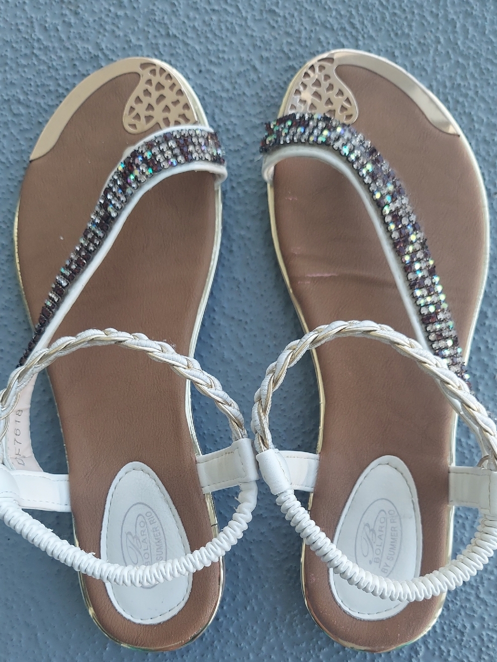 Women's White Braided Ankle Strap Sandals with Sparkling Embellishments